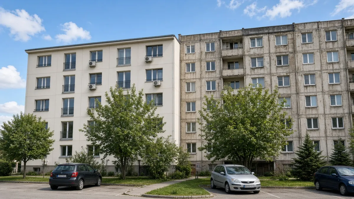 Ремонтиран и неремонтиран панелен блок един до друг