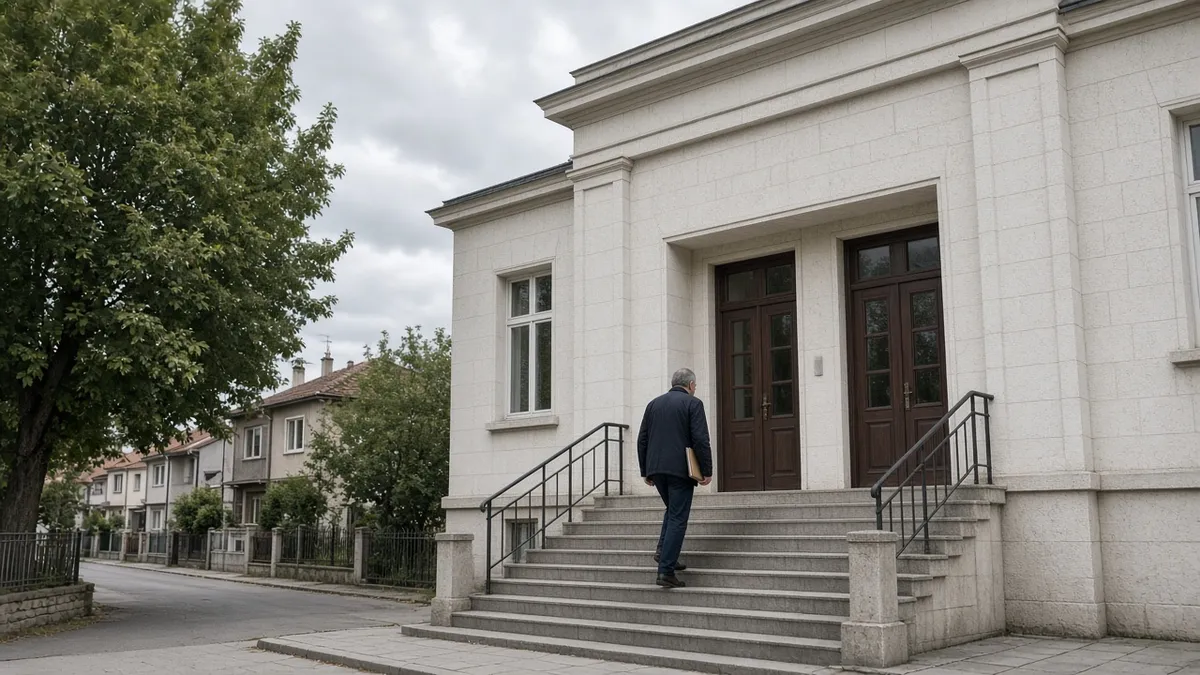 Собственик влиза в районния съд с папка документи