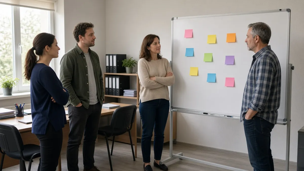 Малък екип на фирма за управление на сгради на сутрешна среща
